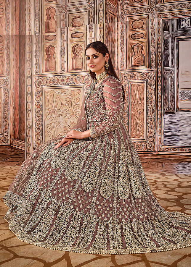 Mauve and Gold Embroidered Anarkali