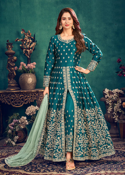 Teal and Gold Embroidered Pant Style Anarkali