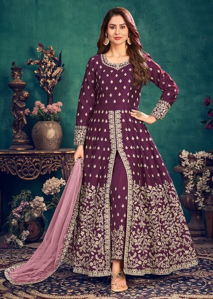Purple and Gold Embroidered Pant Style Anarkali