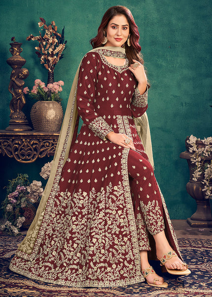 Red and Gold Embroidered Pant Style Anarkali