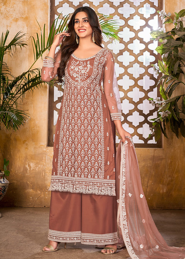 Peach Embroidered Palazzo Suit