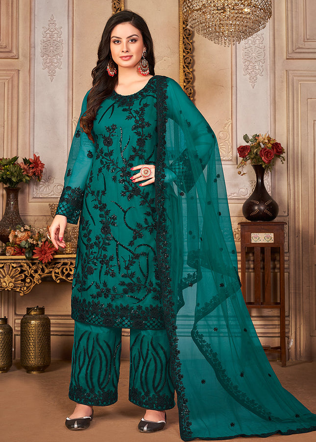 Teal and Black Embroidered Pant Style Suit