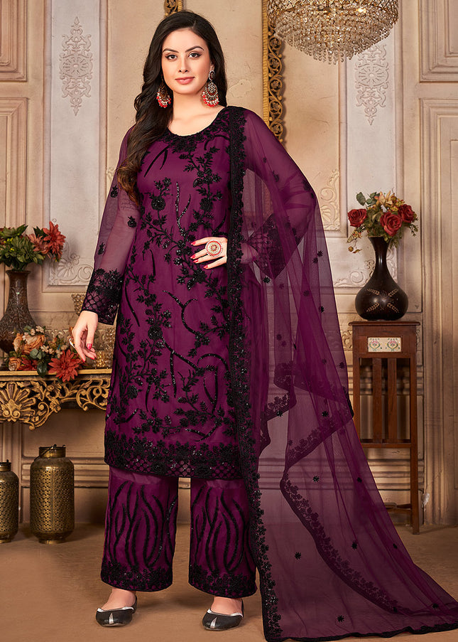 Purple and Black Embroidered Pant Style Suit