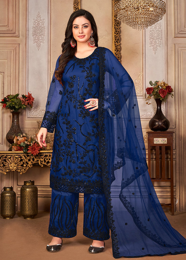 Blue and Black Embroidered Pant Style Suit