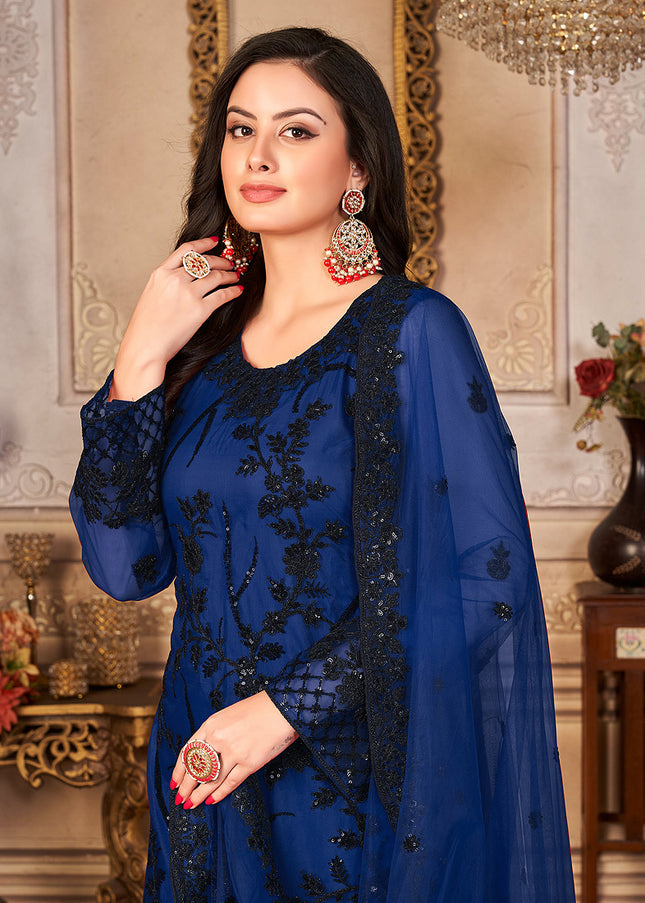 Blue and Black Embroidered Pant Style Suit