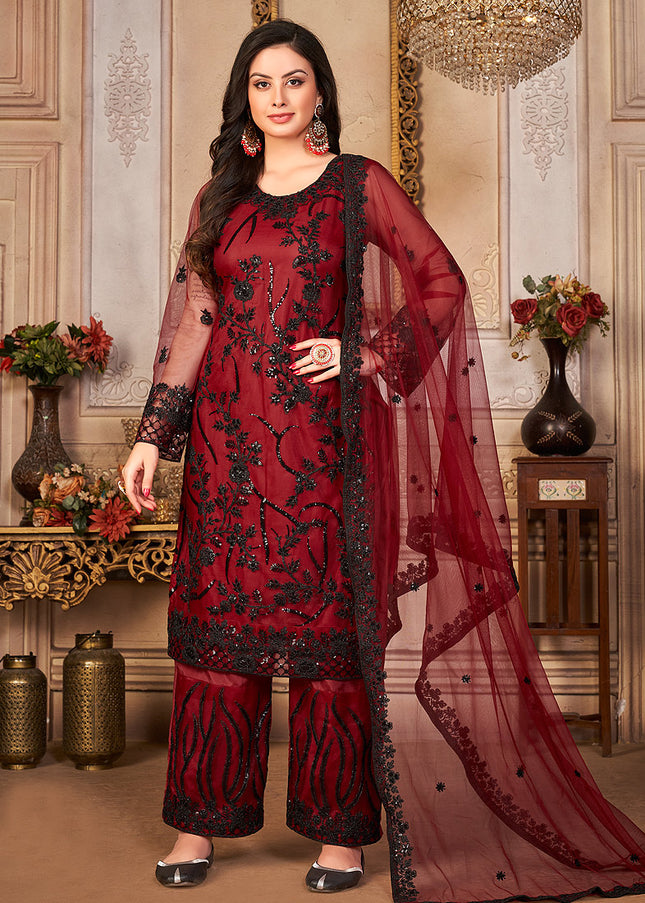 Red and Black Embroidered Pant Style Suit