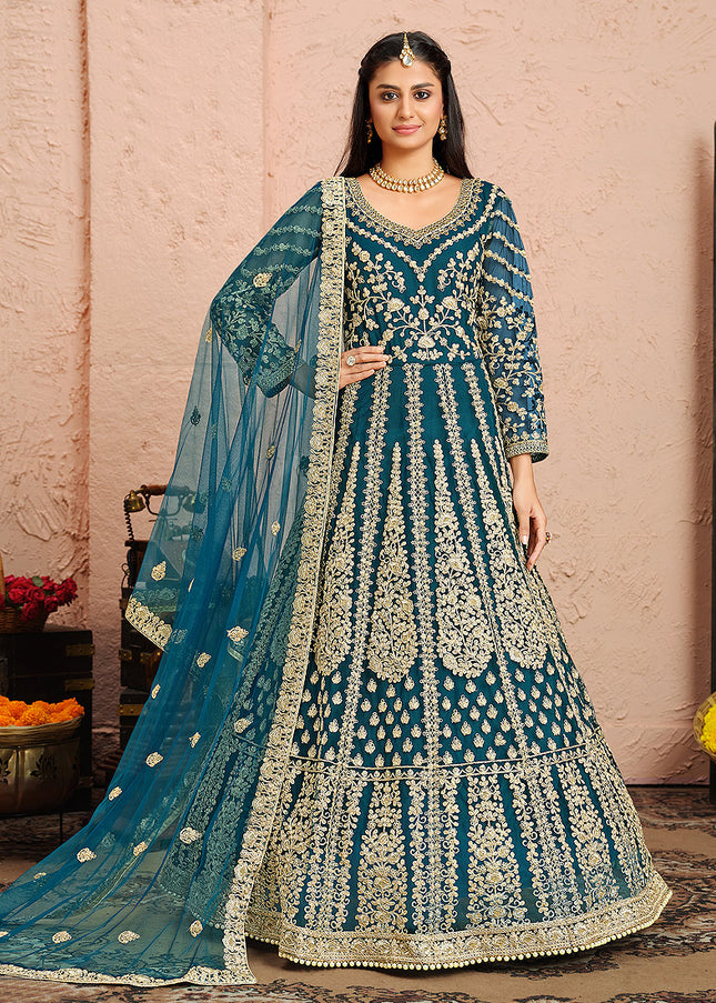 Teal and Gold Embroidered Anarkali