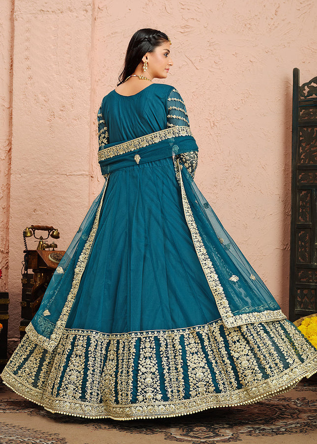 Teal and Gold Embroidered Anarkali