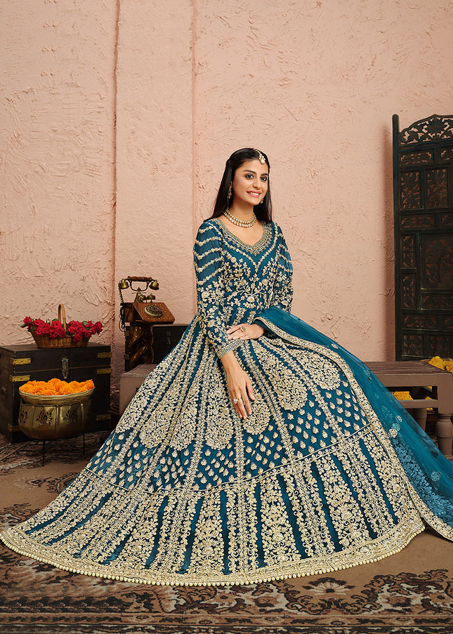 Teal and Gold Embroidered Anarkali