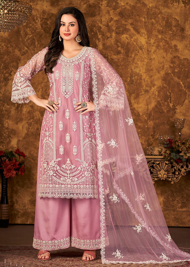 Pink and Gold Embroidered Palazzo Suit