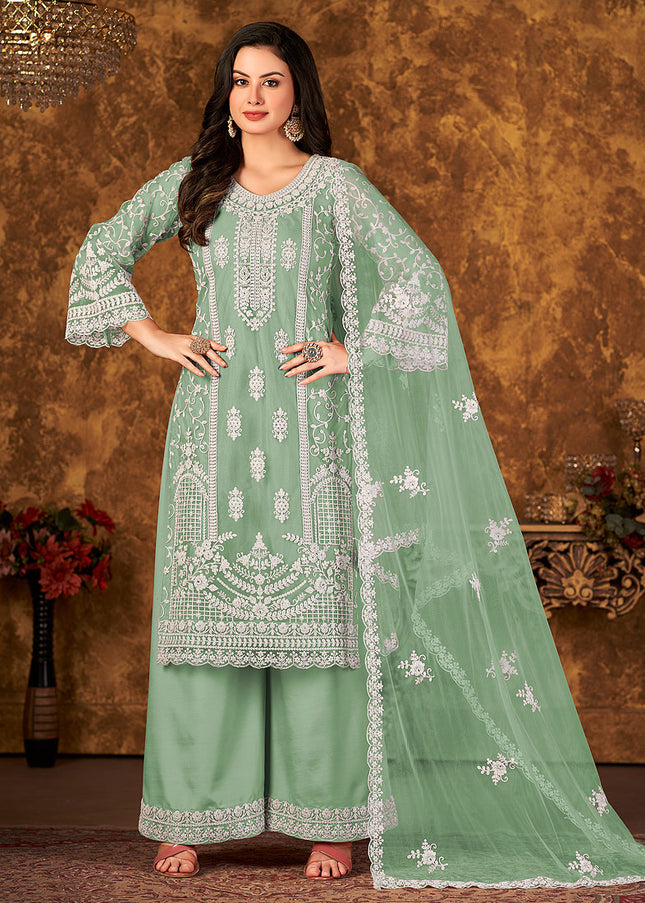 Green and Gold Embroidered Palazzo Suit