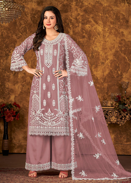 Mauve and Gold Embroidered Palazzo Suit