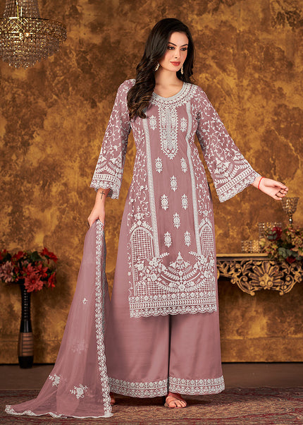 Mauve and Gold Embroidered Palazzo Suit