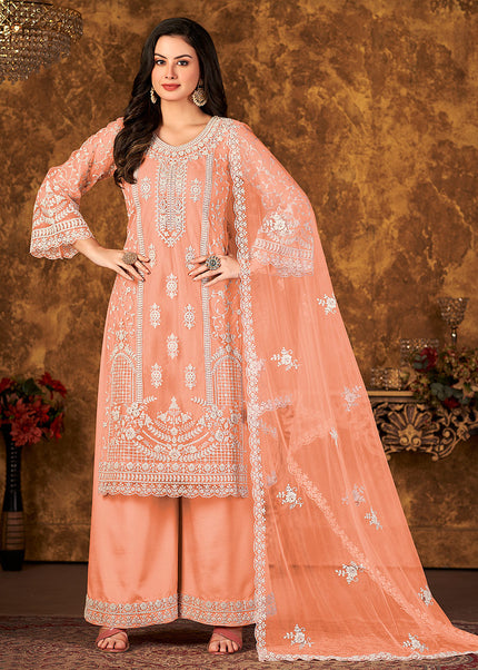 Peach and Gold Embroidered Palazzo Suit