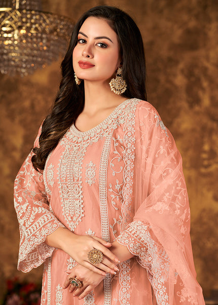 Peach and Gold Embroidered Palazzo Suit