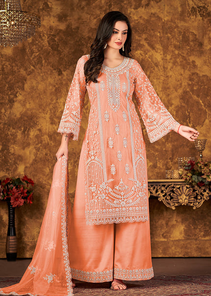 Peach and Gold Embroidered Palazzo Suit