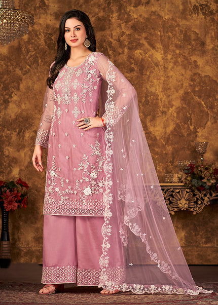 Pink and Gold Embroidered Palazzo Suit