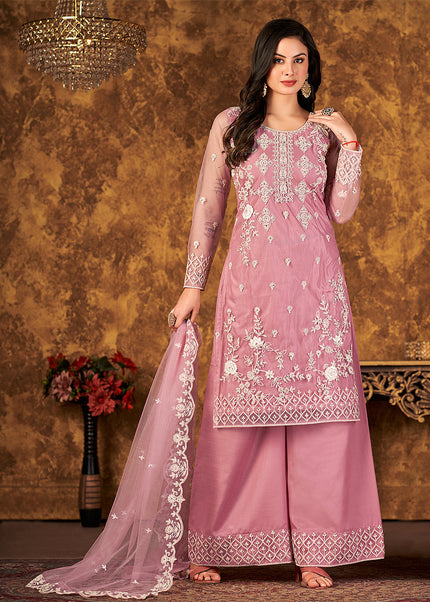 Pink and Gold Embroidered Palazzo Suit