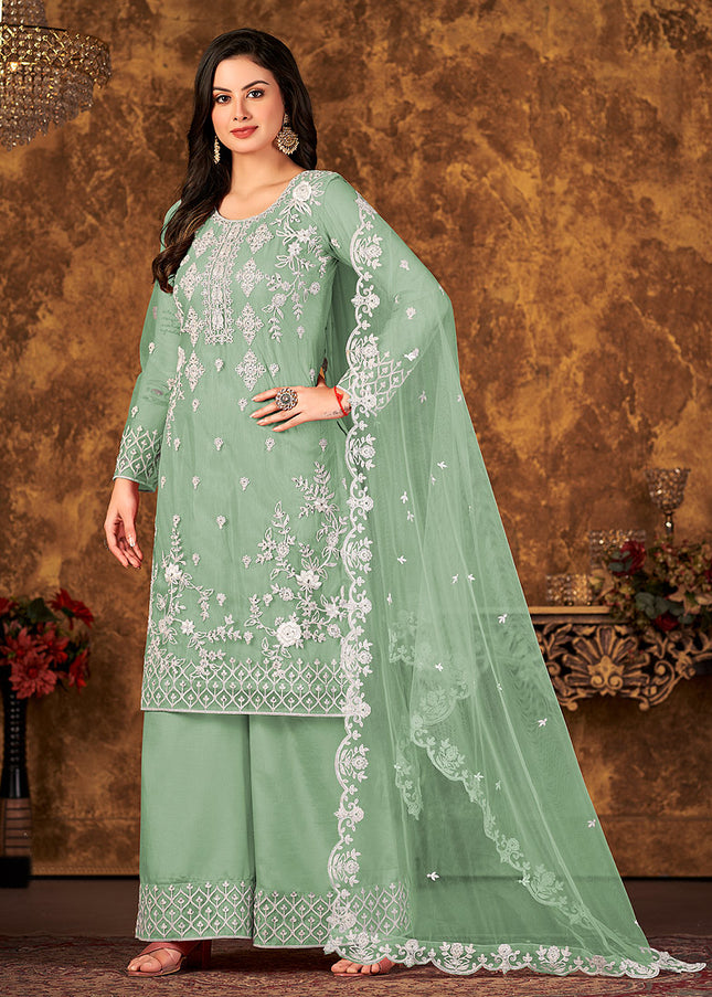 Green and Gold Embroidered Palazzo Suit