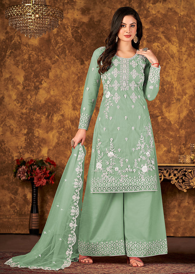 Green and Gold Embroidered Palazzo Suit