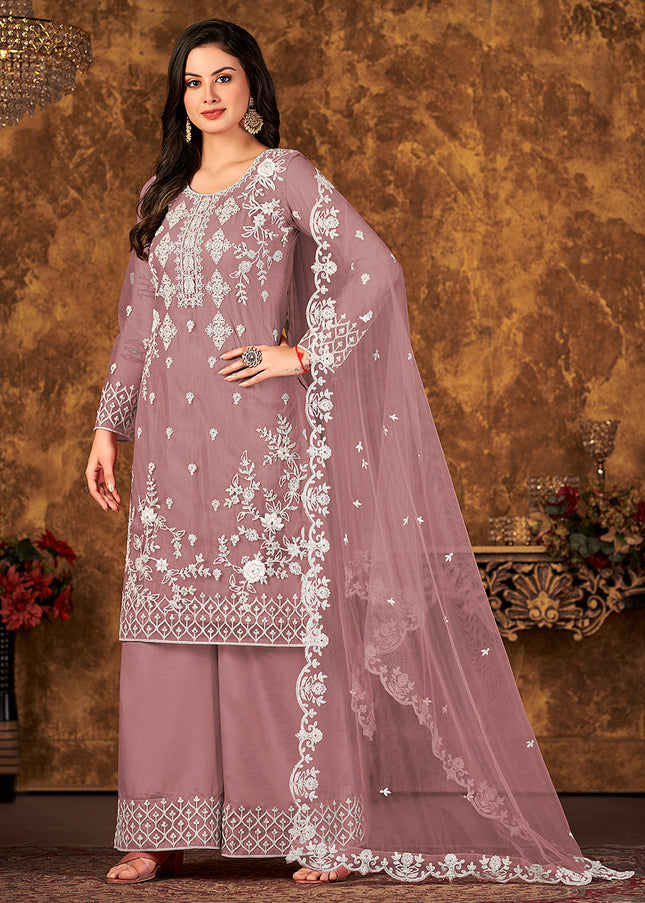 Mauve and Gold Embroidered Palazzo Suit
