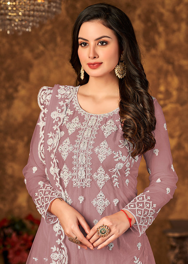Mauve and Gold Embroidered Palazzo Suit