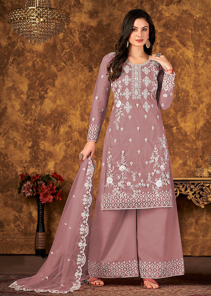 Mauve and Gold Embroidered Palazzo Suit