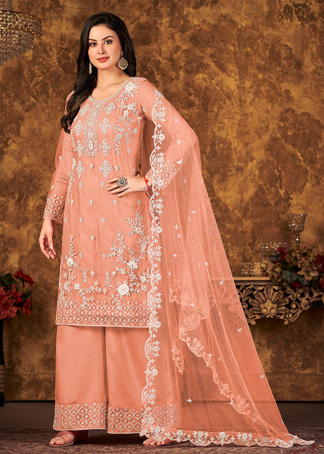 Peach and Gold Embroidered Palazzo Suit