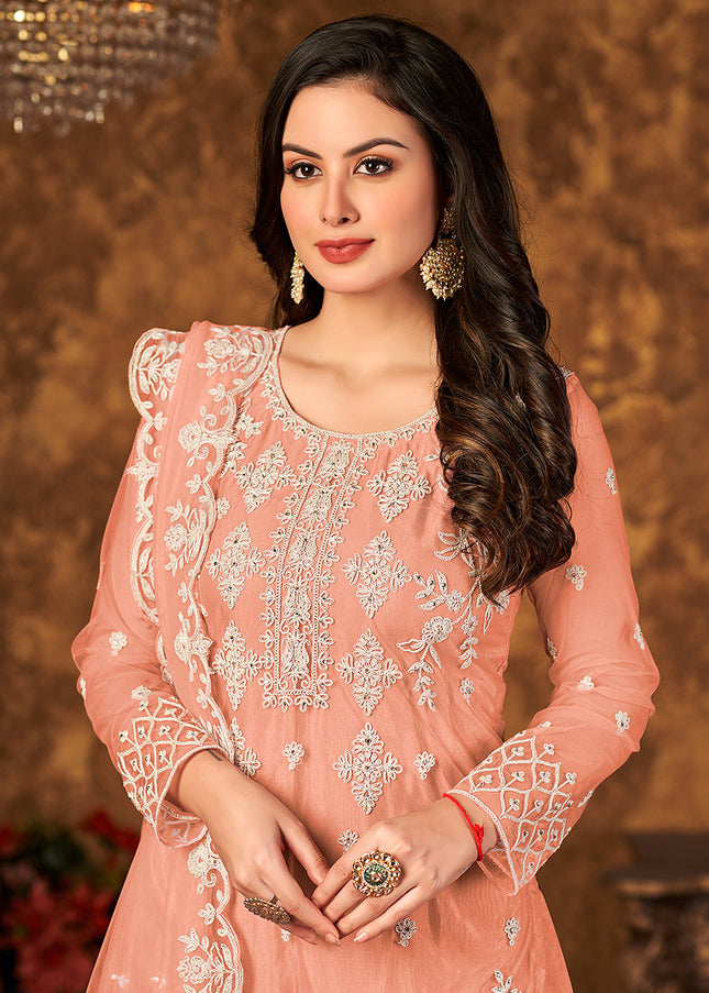 Peach and Gold Embroidered Palazzo Suit