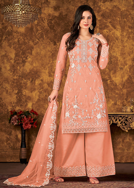 Peach and Gold Embroidered Palazzo Suit