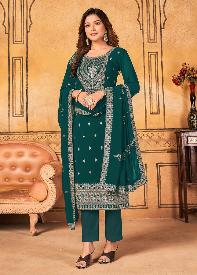 Teal and Gold Embroidered Pant Style Suit