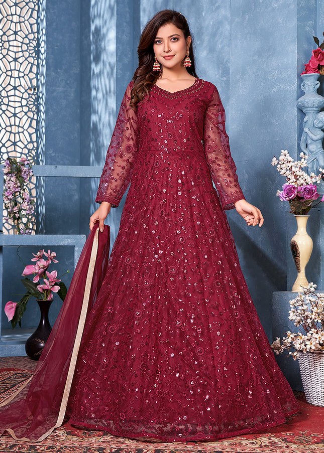 Red Floral Embroidered Anarkali