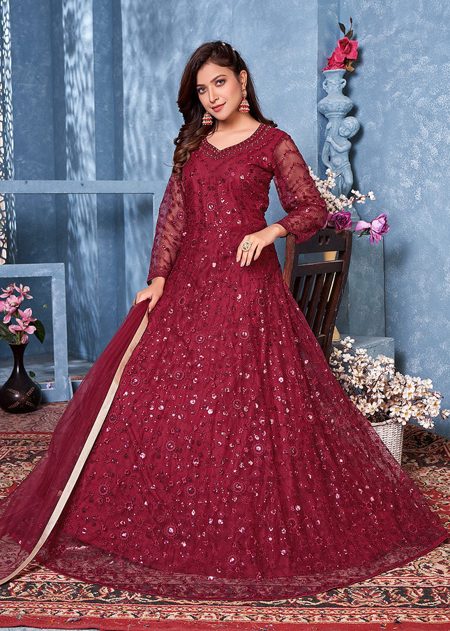 Red Floral Embroidered Anarkali