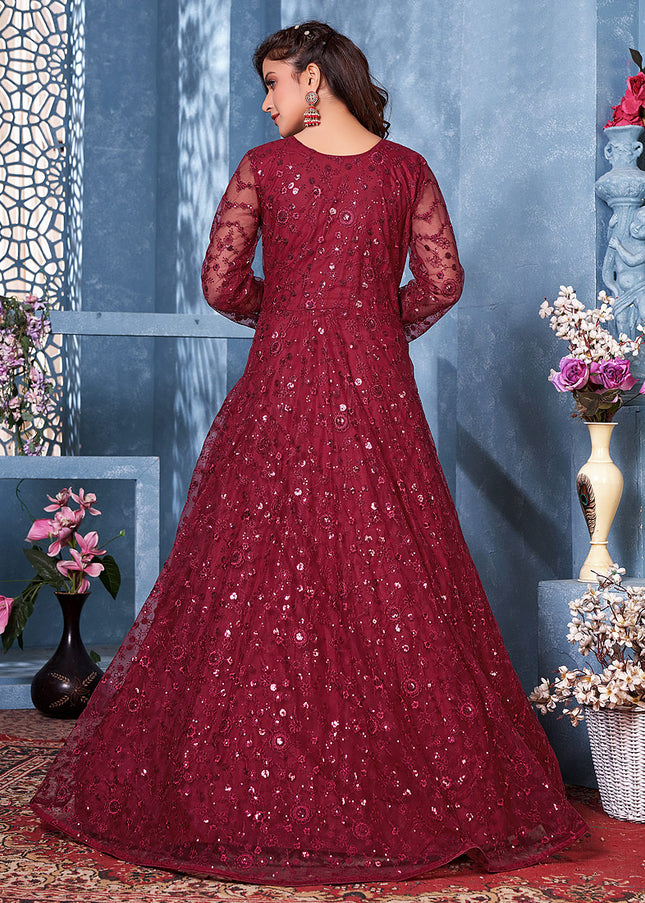 Red Floral Embroidered Anarkali