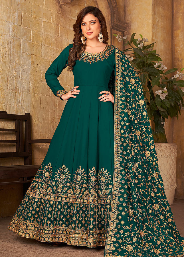 Teal Green and Gold Embroidered Anarkali