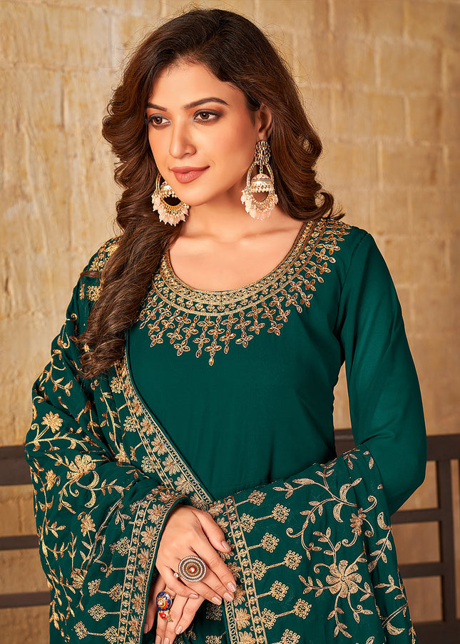 Teal Green and Gold Embroidered Anarkali