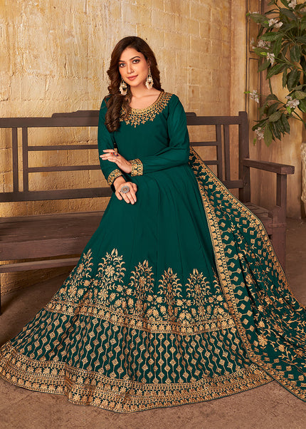 Teal Green and Gold Embroidered Anarkali