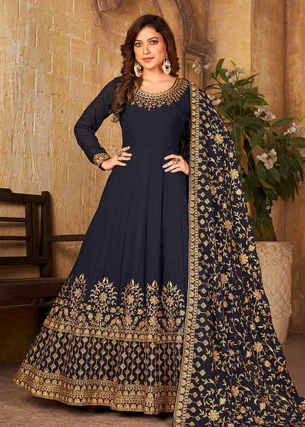 Blue and Gold Embroidered Anarkali