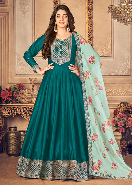 Teal and Gold Embroidered Anarkali