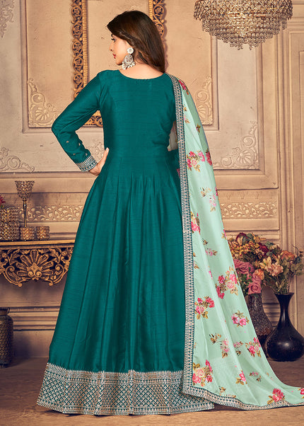 Teal and Gold Embroidered Anarkali