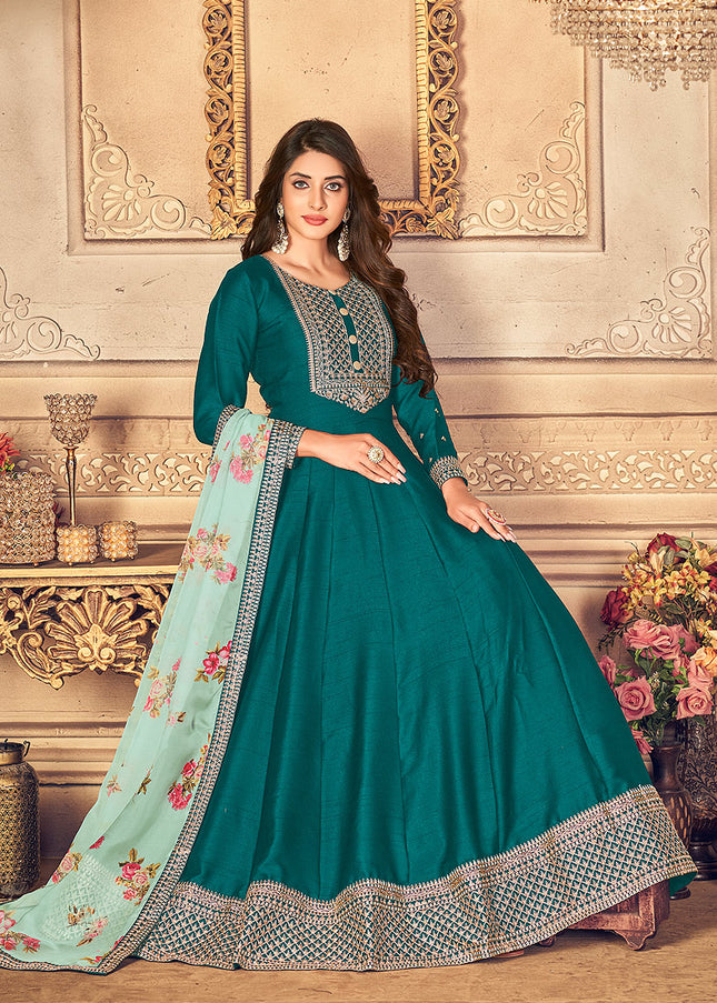 Teal and Gold Embroidered Anarkali
