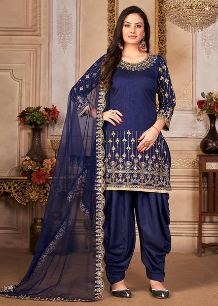 Blue and Gold Embroidered Punjabi Suit