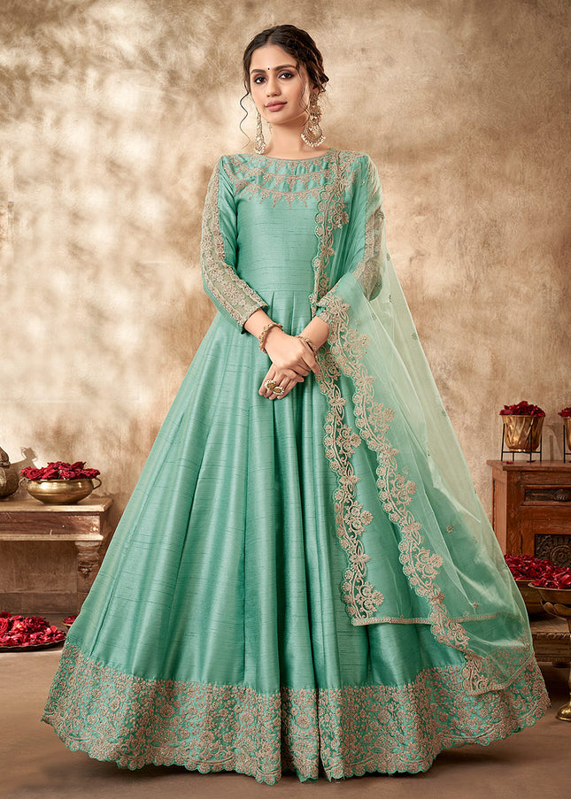 Green and Gold Embroidered Anarkali