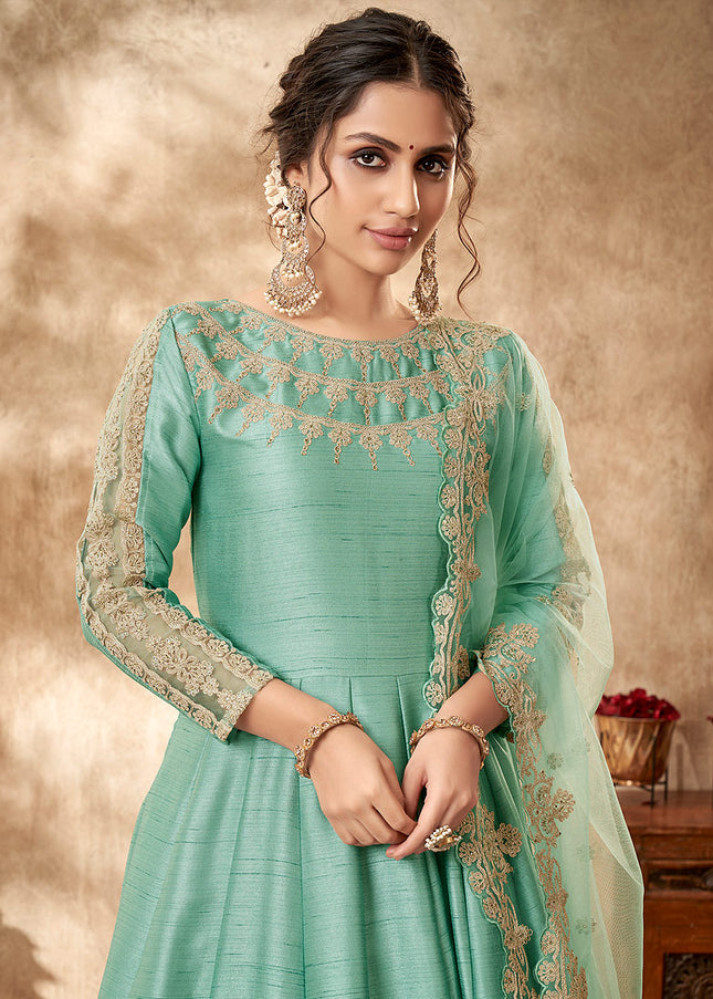 Green and Gold Embroidered Anarkali