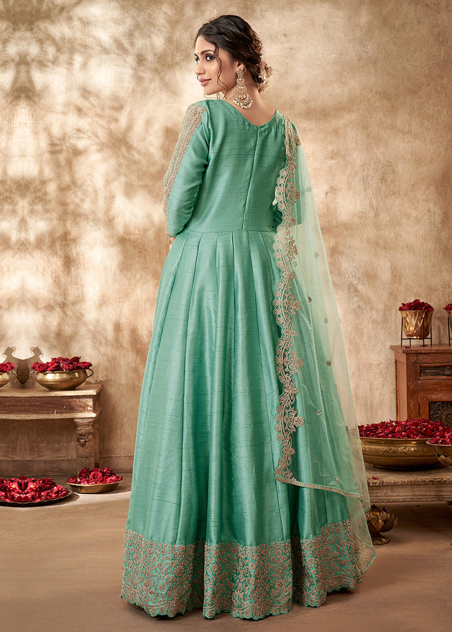 Green and Gold Embroidered Anarkali