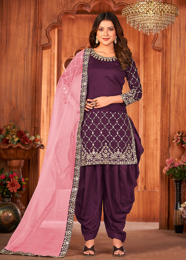 Purple and Gold Embroidered Punjabi Suit