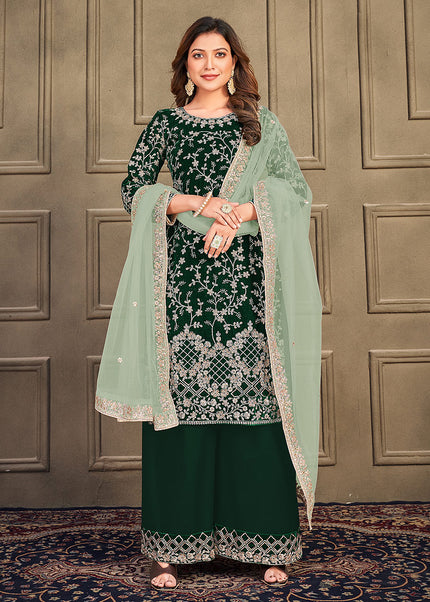 Green and gold Embroidered Velvet Palazzo Suit