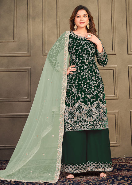 Green and gold Embroidered Velvet Palazzo Suit