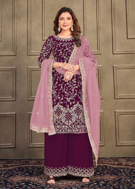 Purple and gold Embroidered Velvet Palazzo Suit