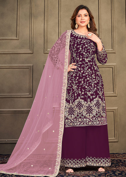 Purple and gold Embroidered Velvet Palazzo Suit